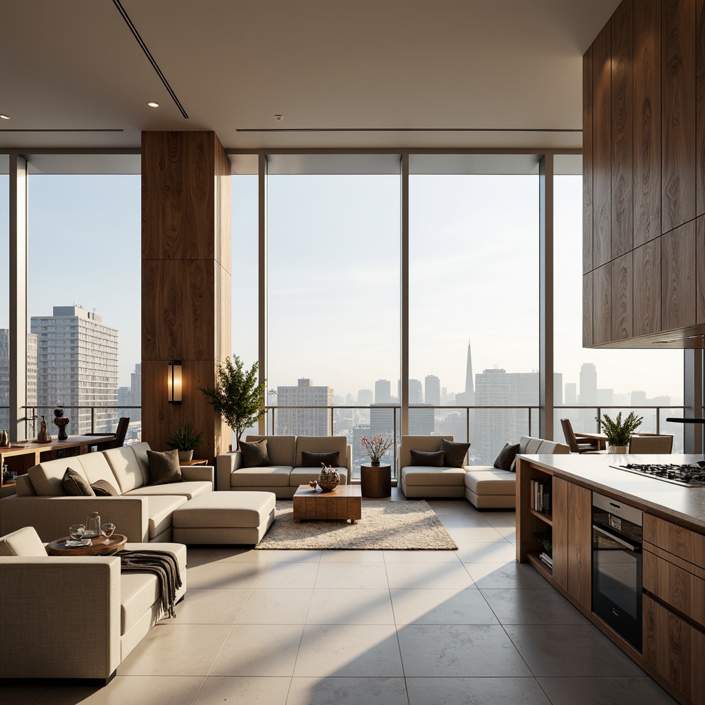 Prompt: Luxurious penthouse, modern interior design, neutral color scheme, creamy whites, soft grays, warm beiges, rich woods, metallic accents, floor-to-ceiling windows, stunning city views, cozy living areas, sleek kitchen appliances, marble countertops, ambient lighting, 3-point perspective composition, shallow depth of field, realistic textures, soft box shadows.