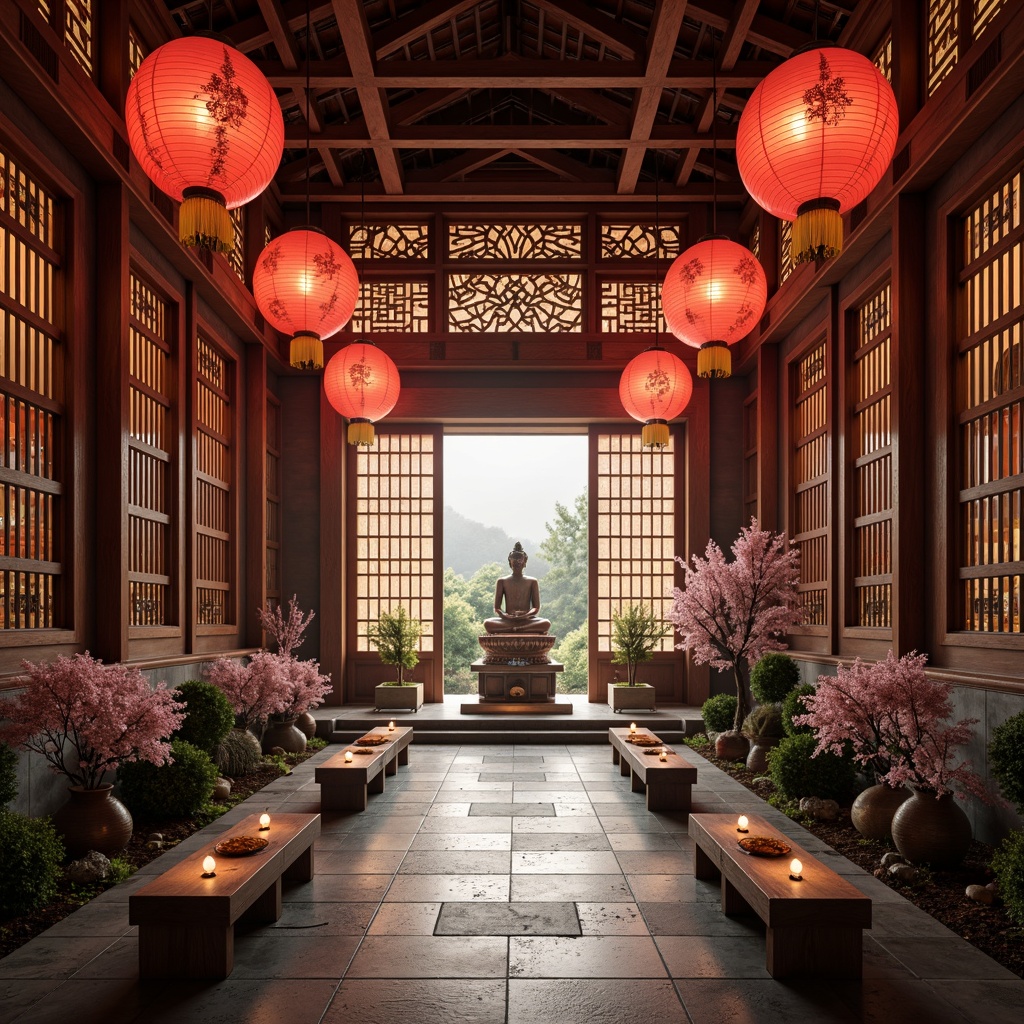 Prompt: Oriental-inspired church interior, vibrant red lanterns, intricately carved wooden panels, golden accents, delicate cherry blossom patterns, ornate ceramic tiles, traditional Japanese shoji screens, serene Buddha statues, peaceful Zen gardens, natural stone flooring, warm ambient lighting, soft misty atmosphere, shallow depth of field, 1/1 composition, realistic textures, subtle color grading.