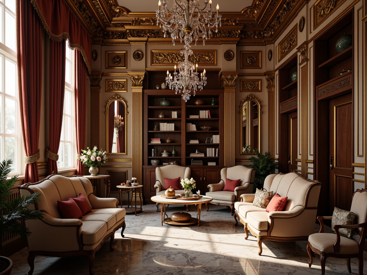 Prompt: Luxurious storage room, ornate moldings, Rococo style decorations, gilded accents, intricate carvings, lavish furnishings, velvet drapes, crystal chandeliers, marble floors, rich wood paneling, antique furniture pieces, soft warm lighting, shallow depth of field, 1/1 composition, realistic textures, ambient occlusion.