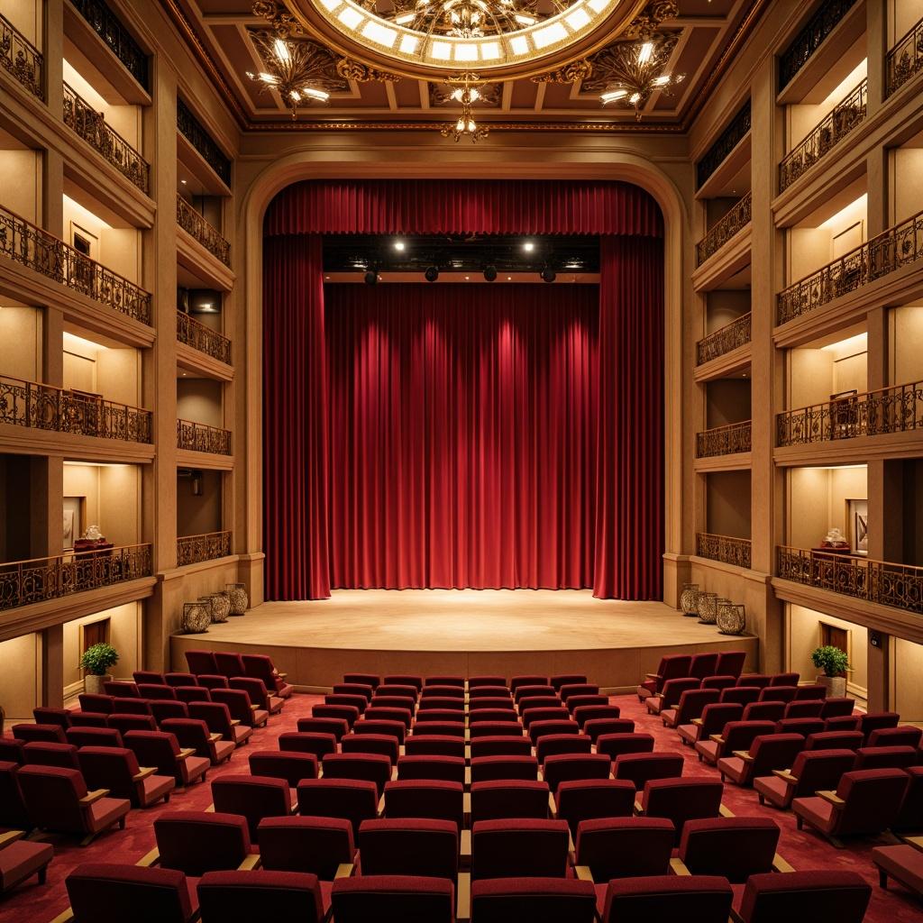 Prompt: Elegant performance hall, rich wood tones, velvety red curtains, golden lighting fixtures, ornate metal railings, plush theatre seats, acoustic panels with geometric patterns, sound-absorbing materials, warm beige walls, high ceilings, grand chandeliers, sophisticated architectural details, luxurious textiles, subtle color palette, soft focused lighting, 1/1 composition, intimate atmosphere, realistic reflections.