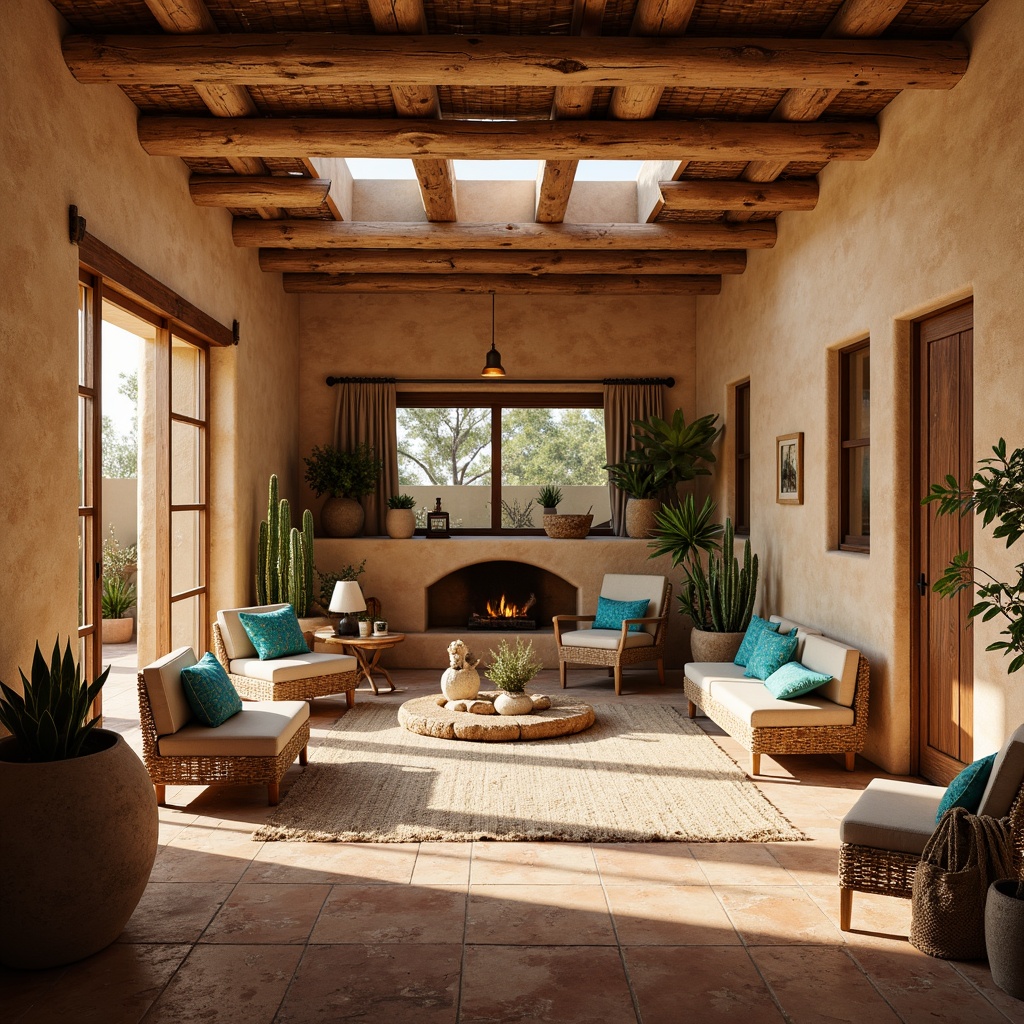 Prompt: Warm adobe walls, rustic wooden beams, earthy terracotta floors, vibrant turquoise accents, plush woven textiles, natural fiber rugs, organic shapes, soft warm lighting, abundant sunlight, clerestory windows, sliding glass doors, desert botanicals, potted cacti, Southwestern patterned fabrics, distressed wood furniture, wrought iron fixtures, cozy nooks, intimate seating areas, warm beige color palette, gentle shadows, shallow depth of field, 1/1 composition, realistic textures.