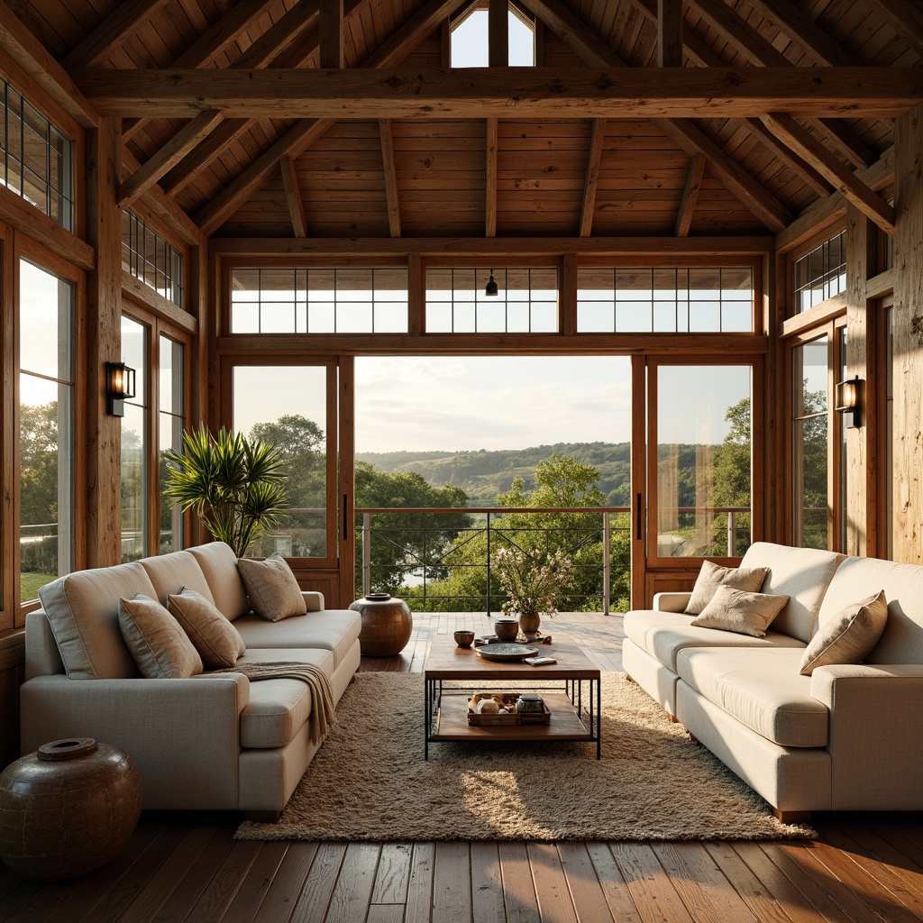 Prompt: Rustic farmhouse sunroom, warm natural light, earthy tones, reclaimed wood accents, vintage metal decor, cozy plush furniture, soft creamy whites, weathered wooden beams, lush greenery views, sliding glass doors, panoramic countryside vistas, warm golden hour lighting, shallow depth of field, 3/4 composition, realistic textures, ambient occlusion.