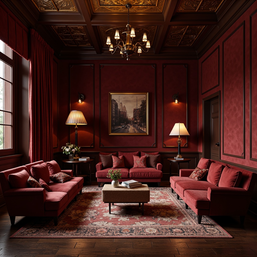 Prompt: Rich maroon walls, luxurious velvet upholstery, warm golden lighting, dark wood accents, ornate metal fixtures, lavish curtains, regal furnishings, sophisticated interior design, opulent ambiance, dramatic shadows, high-contrast color scheme, bold statement pieces, refined textures, elegant patterns, sumptuous atmosphere, intimate seating areas, cozy reading nooks, richly stained wood floors, plush area rugs, soft warm glow, 1/2 composition, realistic rendering, atmospheric lighting.