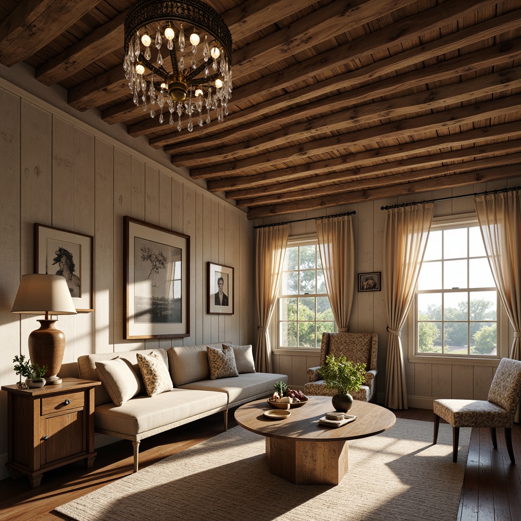 Prompt: Rustic wooden beams, distressed finishes, soft warm lighting, ornate metalwork, elegant chandeliers, crystal drops, creamy whites, rich wood tones, natural stone walls, vintage furniture pieces, lace curtains, floral patterns, countryside views, morning sunlight, gentle ambiance, shallow depth of field, 1/1 composition, realistic textures, ambient occlusion.