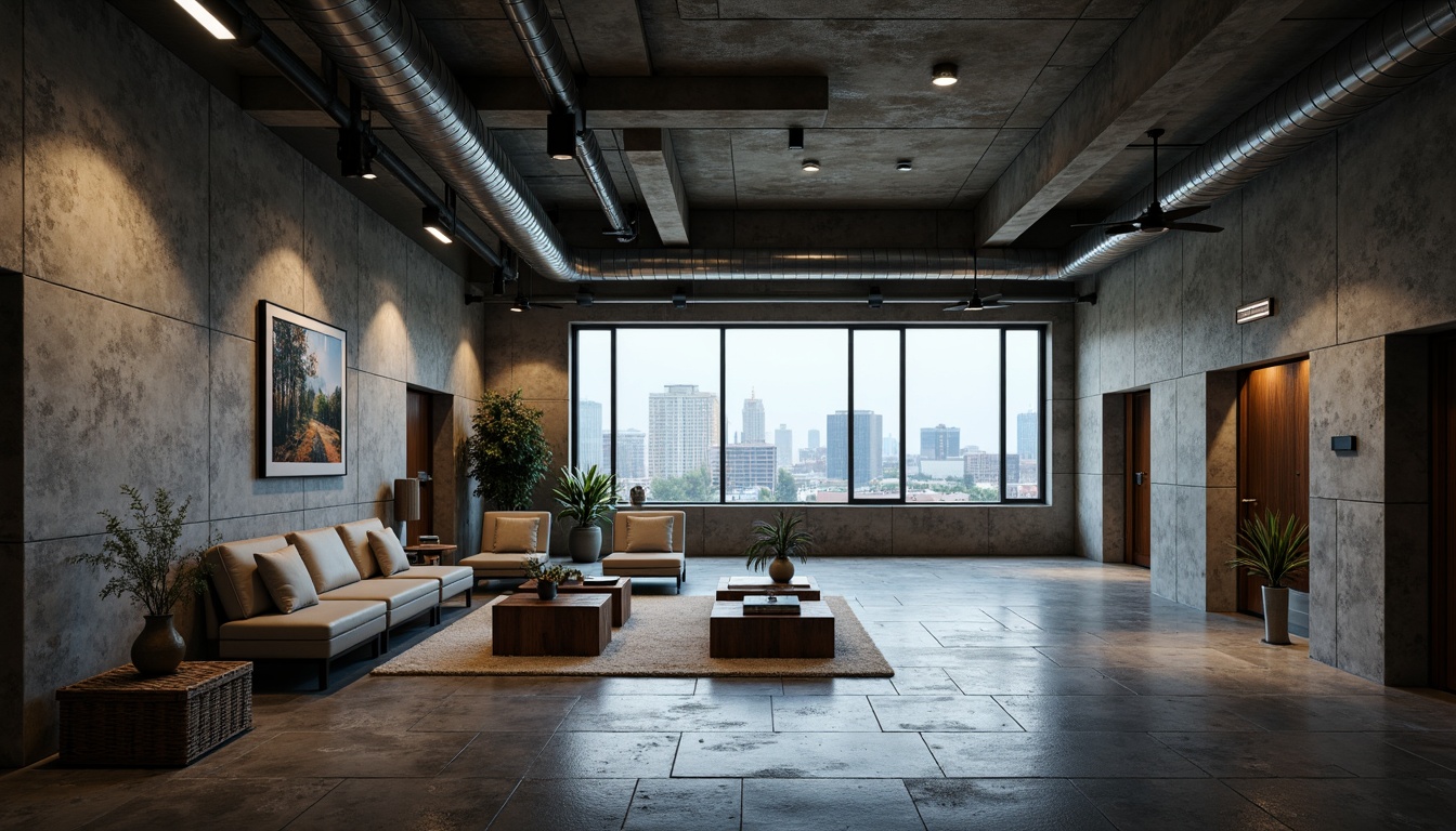 Prompt: Raw concrete walls, exposed ductwork, brutalist architecture, industrial metal beams, rugged stone floors, distressed wood accents, minimalist decor, functional lighting fixtures, urban cityscape, overcast skies, dramatic shadows, high contrast ratio, gritty realistic textures, detailed 3D models, cinematic camera angles, low-angle shots, atmospheric fog effects.