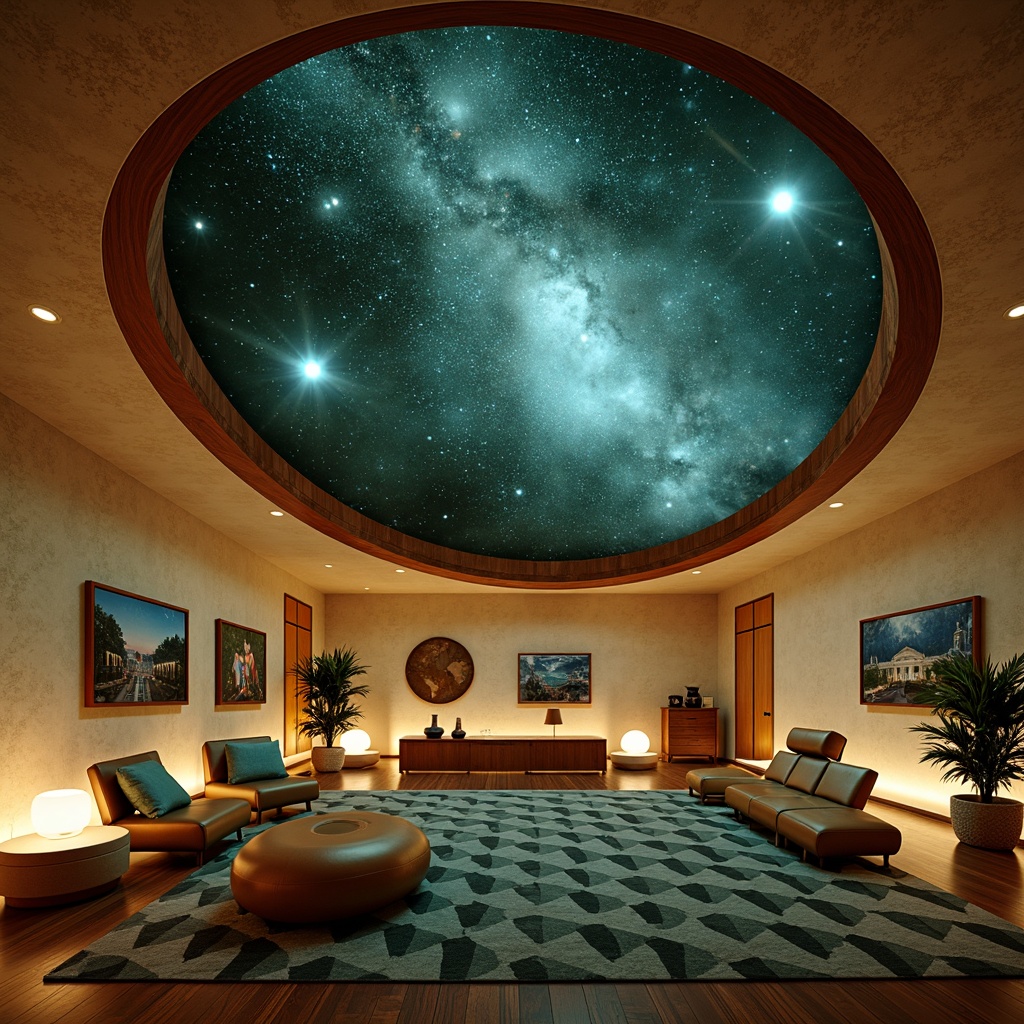 Prompt: \Cosmic planetarium interior, mid-century modern style, warm beige walls, rich walnut wood accents, celestial blue-green color scheme, starry night sky projections, geometric patterned rugs, retro-futuristic furniture, rounded shapes, minimal ornamentation, soft warm lighting, ambient glow, 1/1 composition, realistic textures, subtle depth of field.\Please let me know if this meets your requirements!