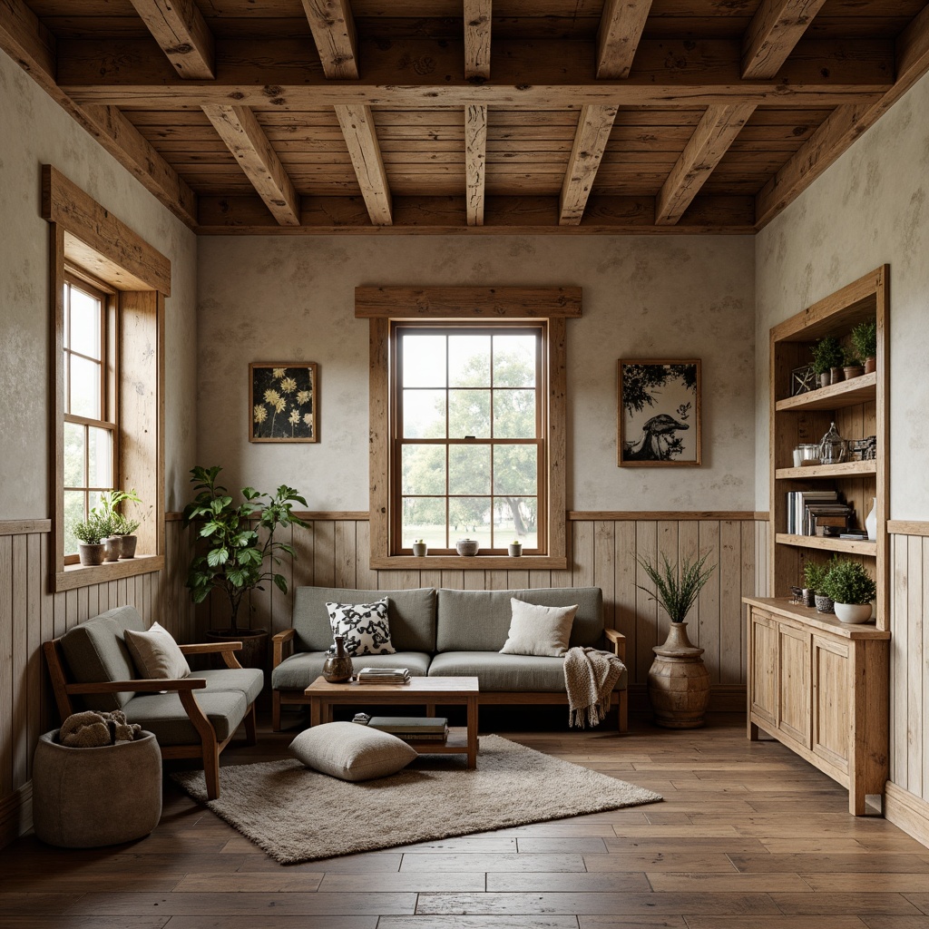 Prompt: Rustic farmhouse walls, distressed wood planks, reclaimed barnwood accents, vintage metal decorations, earthy color palette, natural stone wainscoting, rough-hewn wooden beams, shiplap paneling, plank flooring, soft warm lighting, 1/2 composition, cozy atmosphere, realistic textures, ambient occlusion.