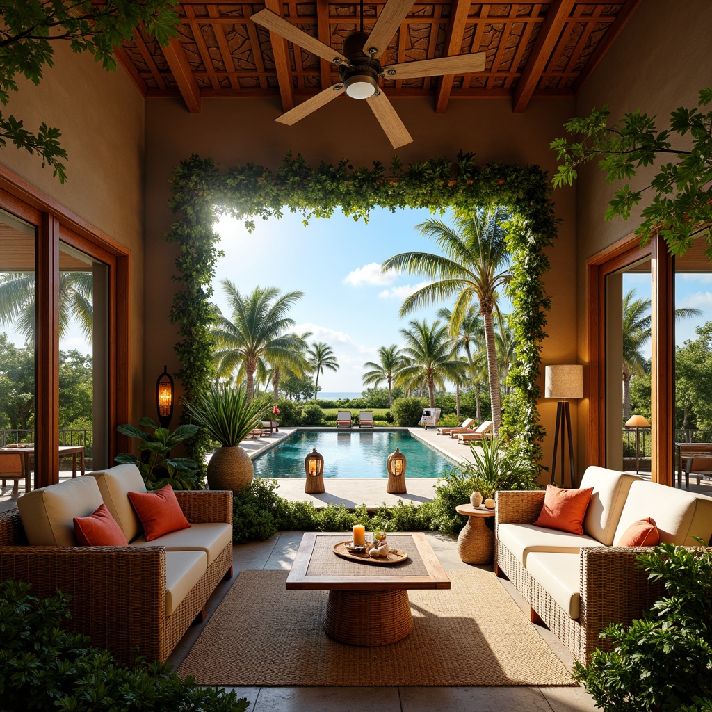 Prompt: Warm tropical ambiance, lush greenery, palm trees, natural wood accents, woven rattan furniture, colorful tiki torches, soft warm lighting, floor lamps with wicker shades, pendant lights with shell ornaments, candles in hurricane vases, cozy poolside seating, sunny day, bright blue sky, large windows with plantation shutters, sliding glass doors, private balconies with ocean views, exotic flower arrangements, vibrant color palette, natural textiles, woven fibers, relaxed resort atmosphere, warm golden lighting, 1/1 composition, shallow depth of field, realistic textures.