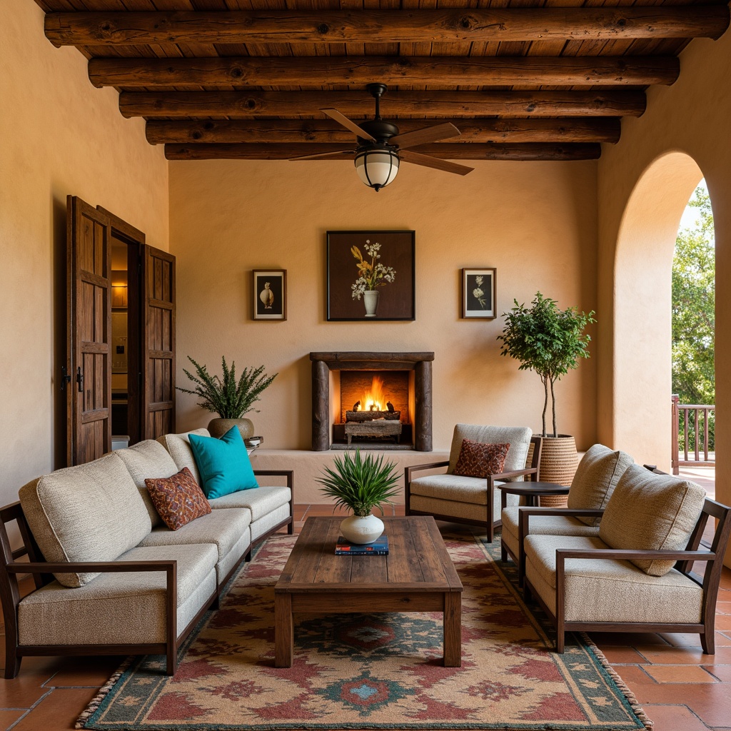 Prompt: Adobe-colored stucco walls, wooden vigas, rustic wooden beams, earthy terracotta floors, vibrant turquoise accents, woven Native American patterns, plush southwestern-inspired upholstery, hand-carved wooden furniture, natural fiber textiles, warm golden lighting, cozy nooks, intimate gathering spaces, vintage Spanish colonial doors, wrought iron hardware, desert botanical prints, soft sandy neutrals, 3/4 composition, shallow depth of field, warm ambient occlusion.