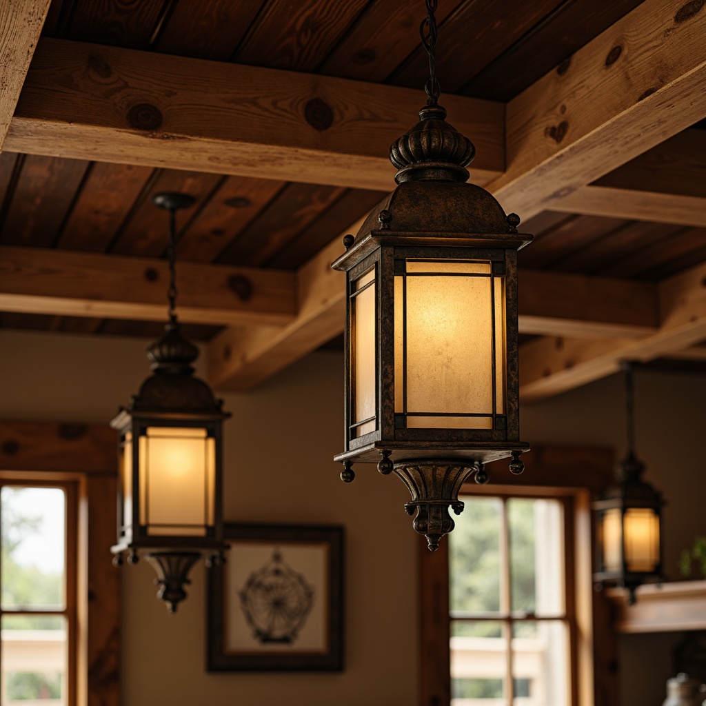 Prompt: Rustic wooden beams, warm earthy tones, vintage metal lanterns, distressed wood accents, ornate ironwork, pendant lighting fixtures, natural linen shades, bronze metal finishes, traditional craftsman style, cozy atmospheric ambiance, soft warm glow, golden hour lighting, shallow depth of field, 1/2 composition, realistic textures, ambient occlusion.