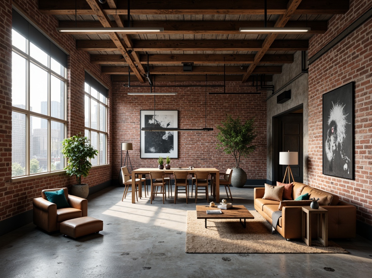 Prompt: Exposed brick walls, distressed concrete floors, reclaimed wood accents, industrial metal beams, raw steel columns, urban loft atmosphere, high ceilings, large windows, natural light pouring in, moody shadows, dramatic contrasts, eclectic decorative items, vintage machinery parts, retro-futuristic lighting fixtures, minimalist color palette, neutral tones, functional furniture pieces, metallic finishes, distressed leather upholstery, abstract artwork, industrial-chic accessories.