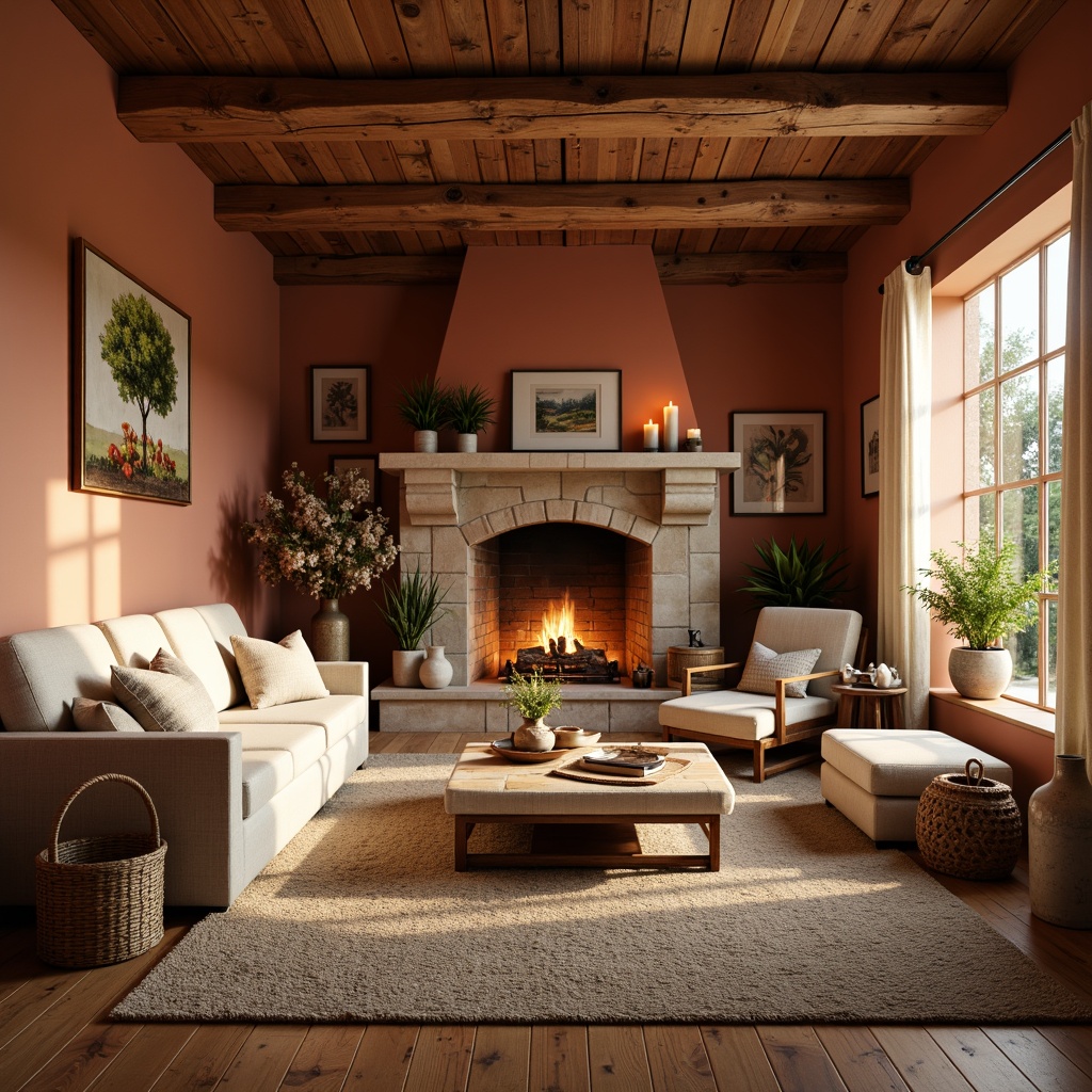 Prompt: Cozy living room, rustic wooden accents, earthy terracotta walls, plush area rugs, warm beige sofas, natural stone fireplaces, ambient candlelight, soft creamy curtains, vintage distressed furniture, woven baskets, ceramic vases, botanical artwork, nature-inspired color palette, warm golden lighting, shallow depth of field, 2/3 composition, inviting atmosphere.