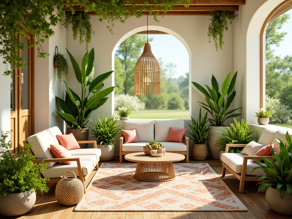 Prompt: Vibrant lime hues, pastel greenery, soft peach tones, creamy whites, warm beige accents, natural wood textures, wicker furniture, bohemian patterns, eclectic decorative accessories, lush foliage, bright sunny day, soft warm lighting, shallow depth of field, 3/4 composition, realistic textures, ambient occlusion.