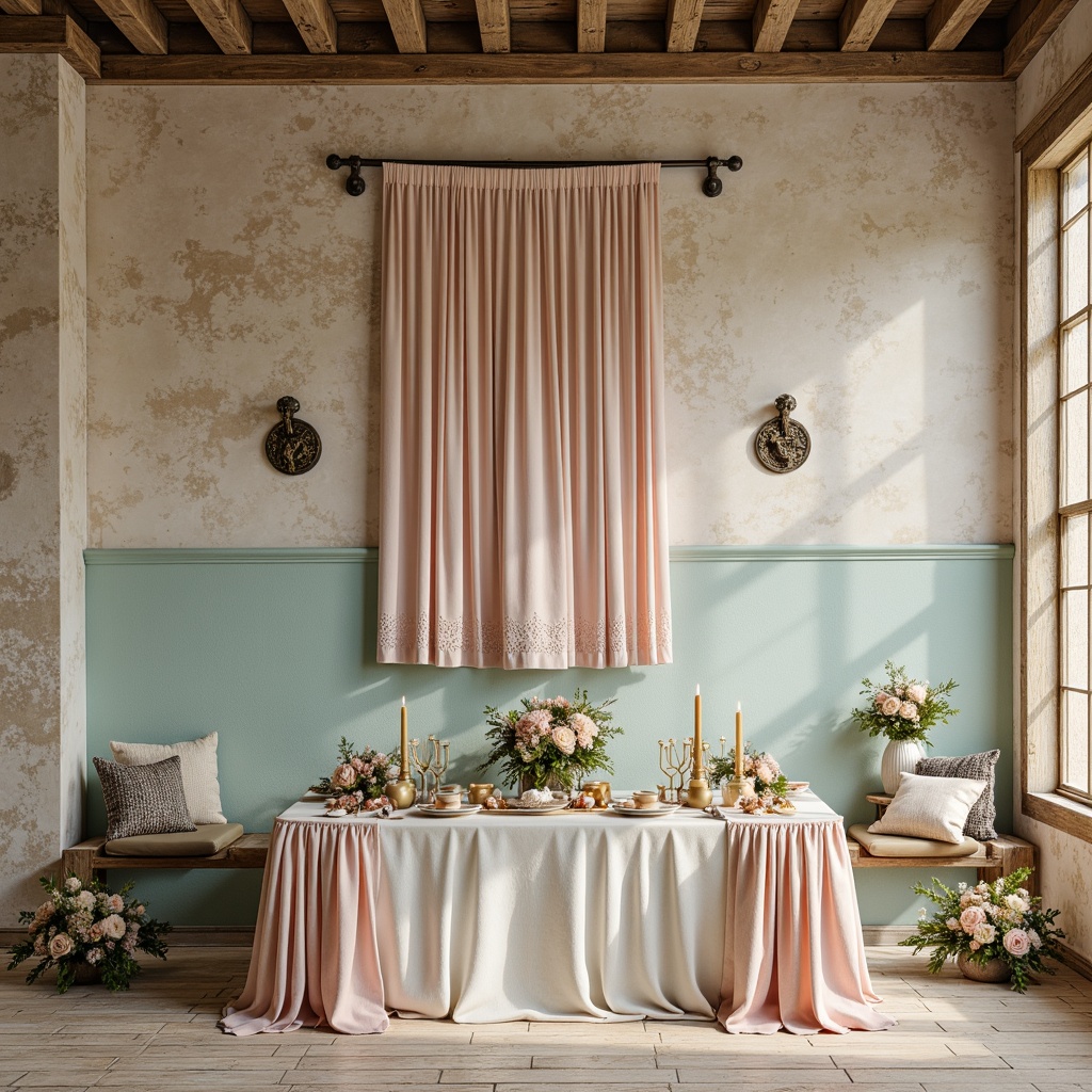 Prompt: Soft pastel hues, distressed wood textures, vintage florals, lace details, ornate metal fixtures, warm beige tones, creamy whites, pale pink accents, muted turquoise, weathered stone walls, rustic wooden beams, natural linen fabrics, subtle sparkle, delicate patterns, romantic ambiance, warm golden lighting, soft focus, 1/2 composition.