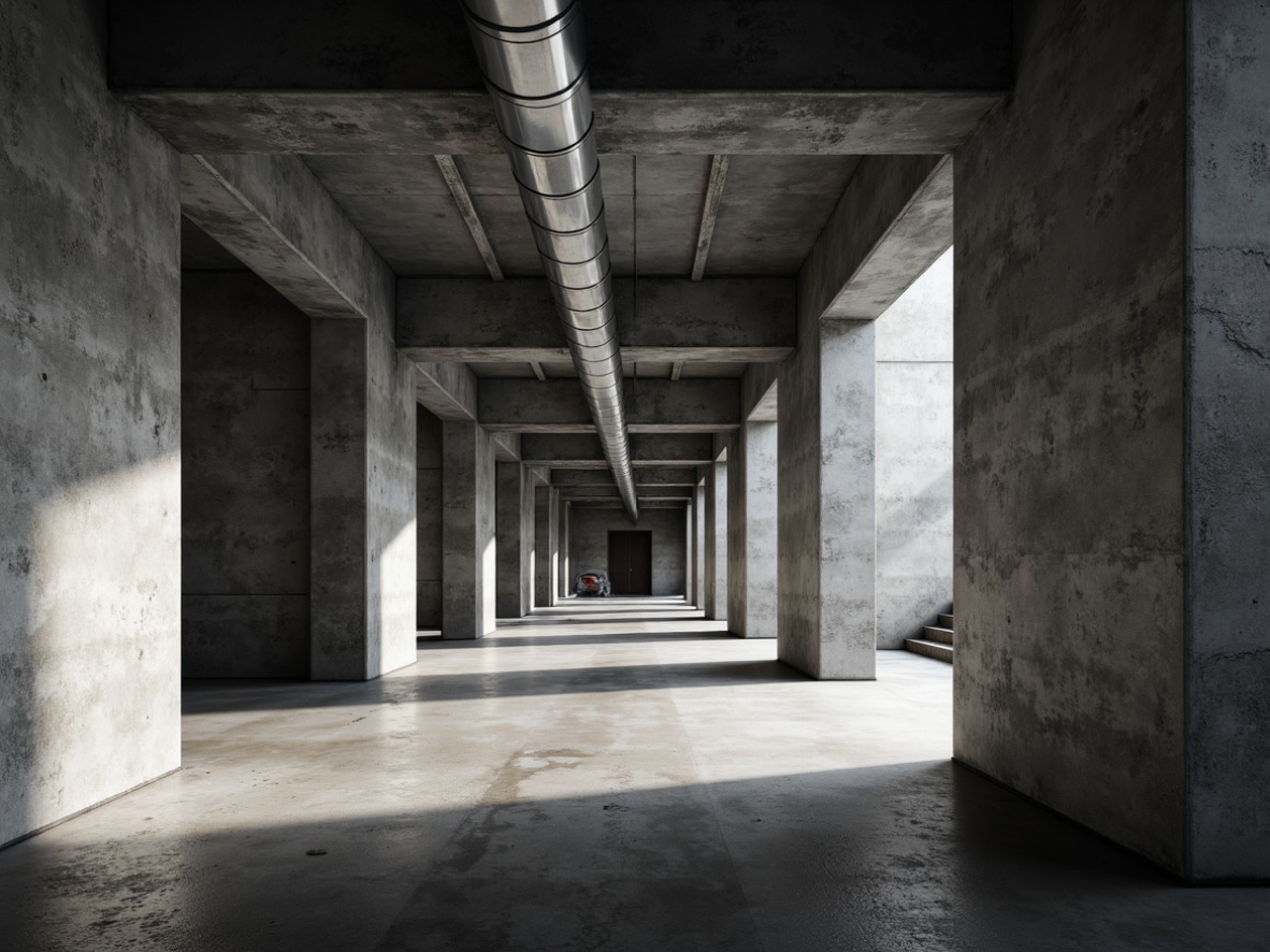 Prompt: Rough concrete walls, exposed ductwork, industrial metal beams, brutalist architectural style, institutional atmosphere, functional minimalism, raw unfinished surfaces, cold monochromatic color scheme, dramatic natural light, cinematic shadows, 1/2 composition, low-angle shot, realistic render, ambient occlusion, subtle grain texture.