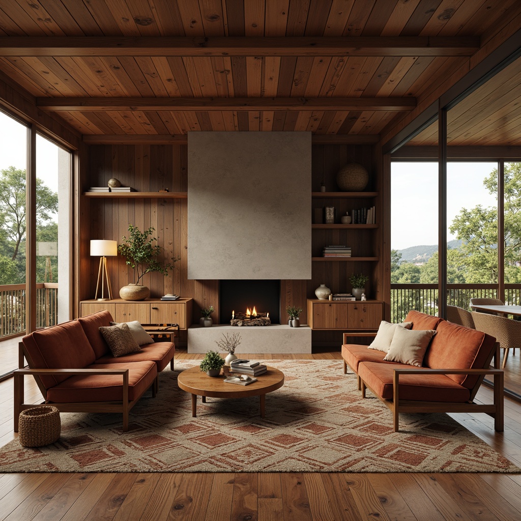 Prompt: Mid-century modern living room, rich walnut wood furniture, plush velvet sofas, geometric patterned rugs, natural stone fireplace, organic shapes, earthy color palette, woven wicker chairs, linen upholstery, brass accents, minimal ornamentation, abundant natural light, soft warm glow, shallow depth of field, 1/1 composition, realistic textures, ambient occlusion.