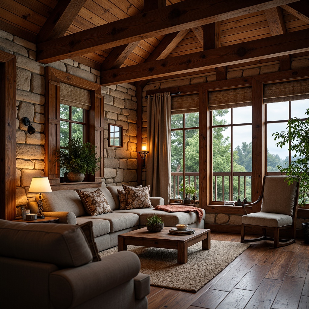 Prompt: Cozy cabin, rustic wooden accents, earthy color palette, natural stone foundations, exposed beam ceilings, wooden shutters, decorative trusses, overhanging eaves, double-hung windows, wooden porch, square columns, ornate metalwork, handcrafted details, warm candlelight, soft focus, shallow depth of field, 1/1 composition, rustic textures, ambient occlusion.