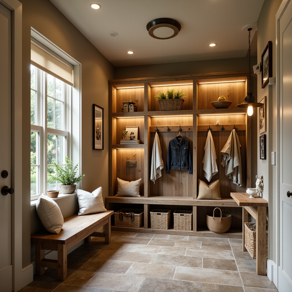 Prompt: Transitional style mudroom, rustic wooden bench, natural stone flooring, earthy color palette, warm ambient lighting, LED strip lights under shelving, pendant lanterns in bronze finish, recessed ceiling lights, softbox lighting for display shelves, woven wicker baskets, industrial metal hooks, reclaimed wood accents, nature-inspired textiles, organic shapes, cozy reading nook, warm beige walls, creamy white trim, distressed wood furniture, functional storage solutions, and inviting entranceway.