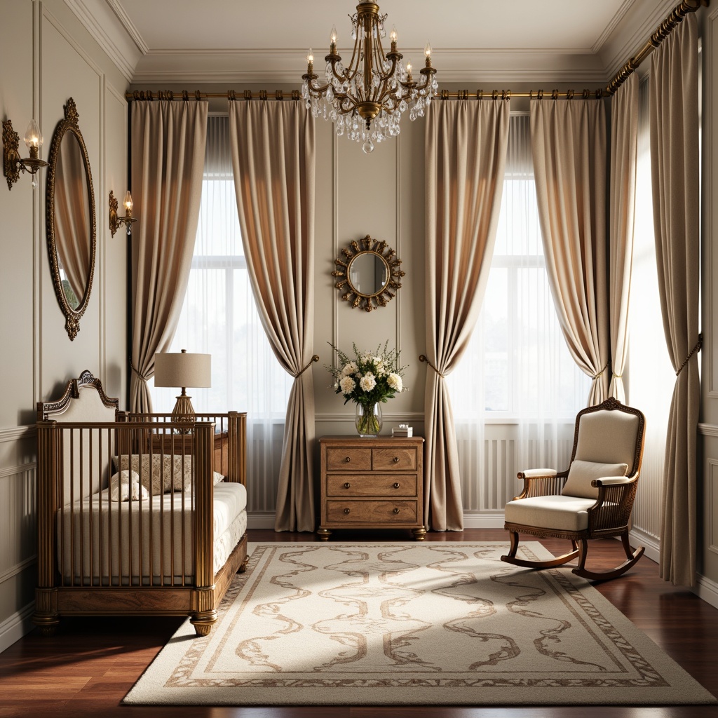 Prompt: Luxurious baby nursery, Art Deco style furniture, ornate crib, velvet drapes, geometric patterned rug, metallic accents, crystal chandelier, soft pastel colors, elegant wooden rocking chair, vintage-inspired baby bassinet, luxurious fabrics, intricate carvings, ornamental mirrors, rounded lines, opulent textiles, sophisticated ambiance, warm golden lighting, shallow depth of field, 1/1 composition, realistic reflections, ambient occlusion.