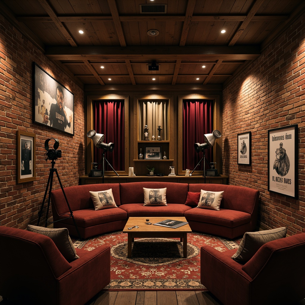 Prompt: Rustic cinema interior, vintage film cameras, old-fashioned spotlights, distressed wooden walls, exposed brick textures, earthy tone color palette, cozy velvet sofas, worn leather armchairs, antique metal lanterns, rough-hewn wooden tables, decorative vintage movie posters, warm softbox lighting, shallow depth of field, 1/1 composition, realistic fabric textures, ambient occlusion.