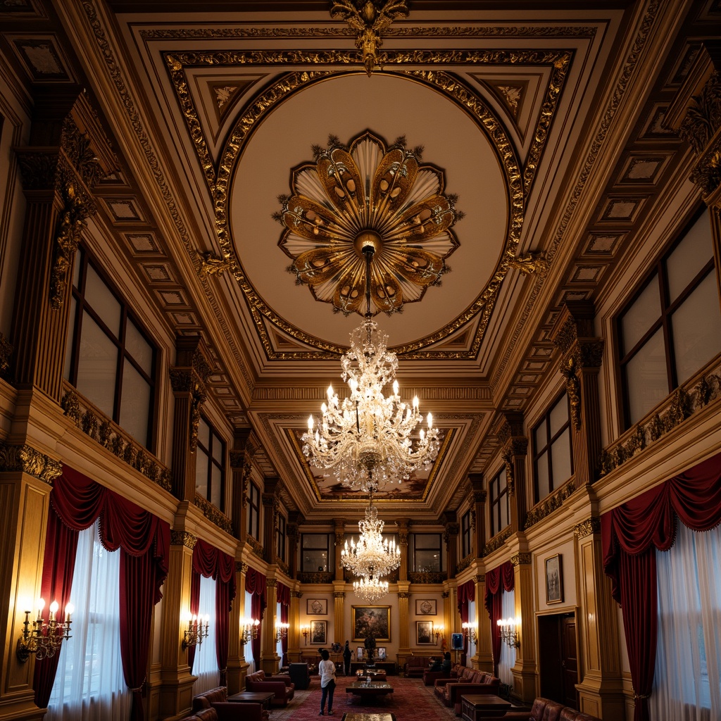 Prompt: Ornate Victorian ceiling, intricately molded plasterwork, ornamental cornices, decorative ceiling roses, crystal chandeliers, lavish gilded details, rich velvet drapery, opulent furnishings, high-contrast warm lighting, dramatic shadows, 1/2 composition, soft focus effect, realistic textures, ambient occlusion.