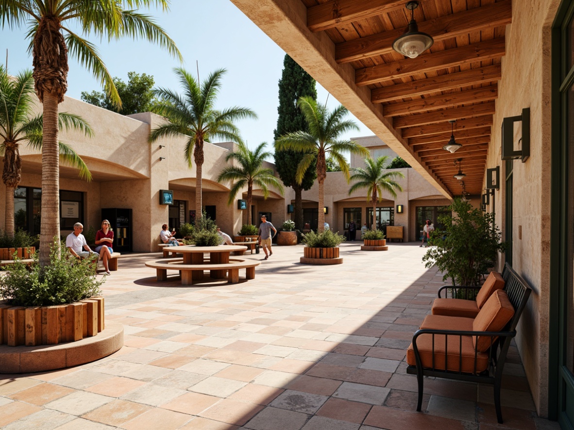 Prompt: Warm Mediterranean bus station, curved lines, rustic stone walls, terra cotta tiles, wooden benches, wrought iron furnishings, vibrant turquoise accents, lush greenery, palm trees, sunny day, soft warm lighting, shallow depth of field, 3/4 composition, panoramic view, realistic textures, ambient occlusion, comfortable seating areas, wooden planters, ornate metalwork, ceramic vases, colorful tile mosaics, natural stone flooring, modern amenities, electronic information boards, sleek ticketing machines.