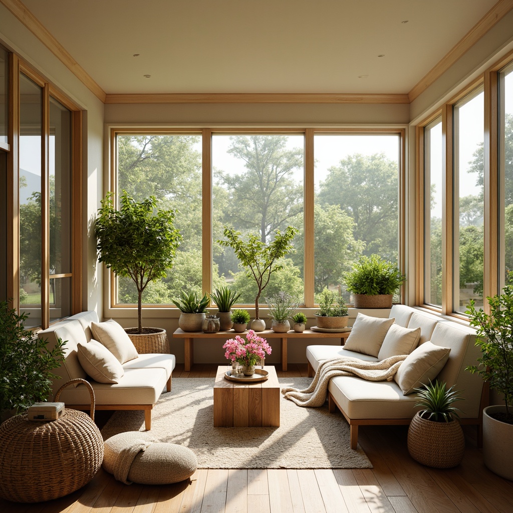 Prompt: Cozy sunroom, warm natural light, comfortable seating areas, lush greenery, flowering plants, rattan furniture, wicker baskets, soft pastel colors, calming ambiance, relaxing atmosphere, large windows, sliding glass doors, modern minimalist decor, subtle patterns, textured throw blankets, plush cushions, warm beige tones, inviting corner nooks, refreshing air circulation, soft diffused lighting, 1/1 composition, shallow depth of field, realistic textures.