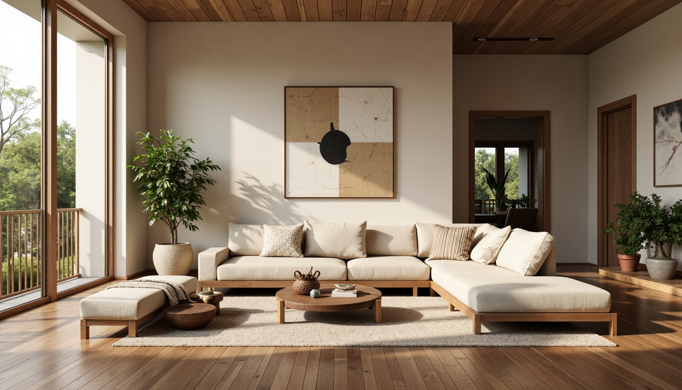 Prompt: Cozy living room, plush sectional sofa, warm beige walls, rich wood flooring, large windows, soft diffused lighting, 3/4 composition, modern minimalist decor, abstract art pieces, sleek metal accents, comfortable ottomans, lush green plants, natural textiles, calming color palette, inviting atmosphere, shallow depth of field, panoramic view.