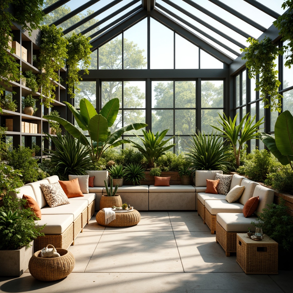 Prompt: Vibrant greenhouse interior, lush greenery, natural light, comfortable seating areas, plush throw pillows, soft velvety fabrics, pastel color palette, woven wicker furniture, rattan planters, tropical plants, warm earthy tones, organic textures, subtle patterns, calming ambiance, serene atmosphere, functional shelving units, storage baskets, modern minimalist decor, sleek metal frames, abundant natural ventilation, gentle breezy air, soft diffused lighting, 1/1 composition, shallow depth of field.