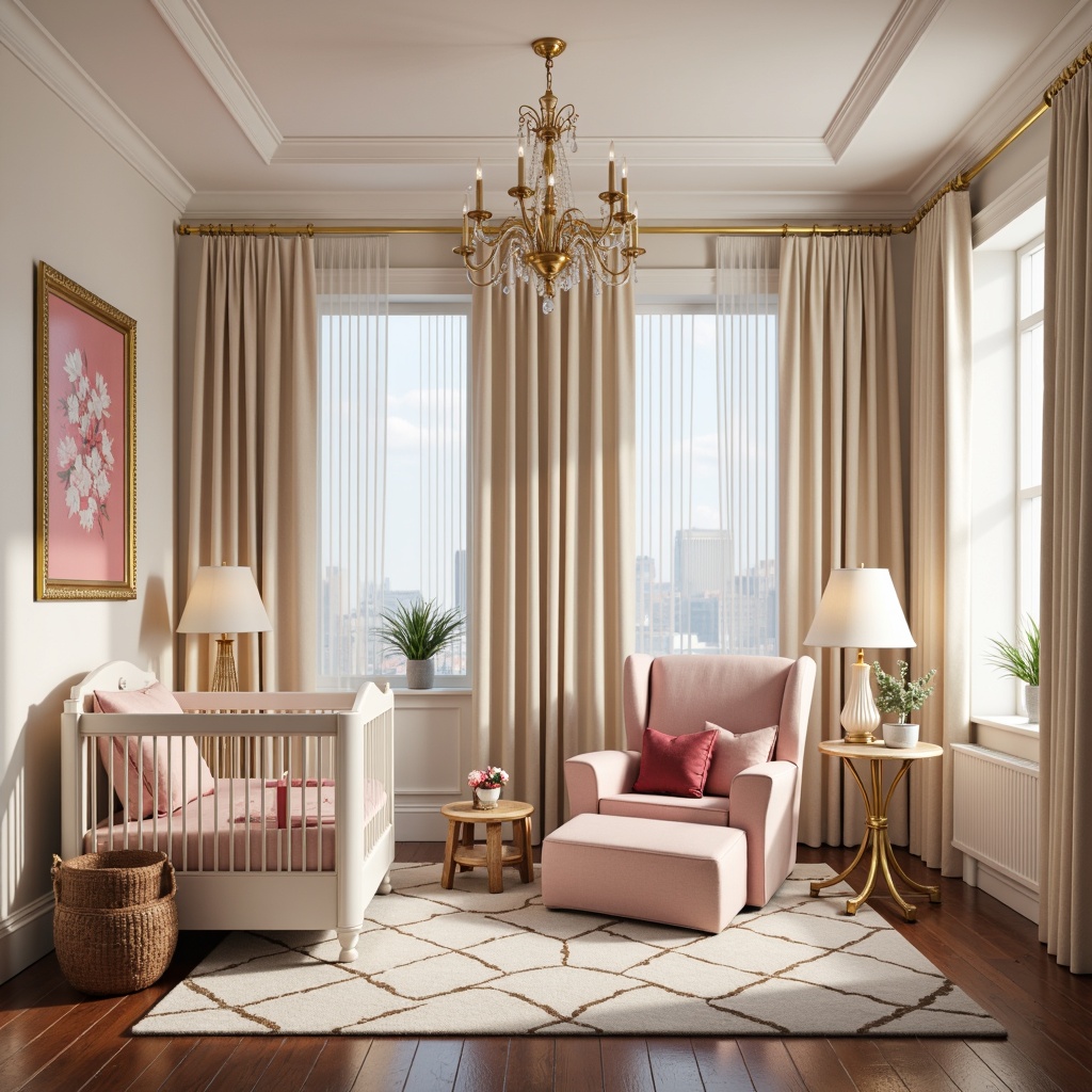 Prompt: Elegant baby nursery, art deco inspired furniture, creamy whites, soft pinks, luxurious velvets, ornate metal fixtures, geometric patterned rugs, lavish chandeliers, table lamps, floor lamps, warm golden lighting, softbox illumination, 1/1 composition, shallow depth of field, realistic textures, ambient occlusion.