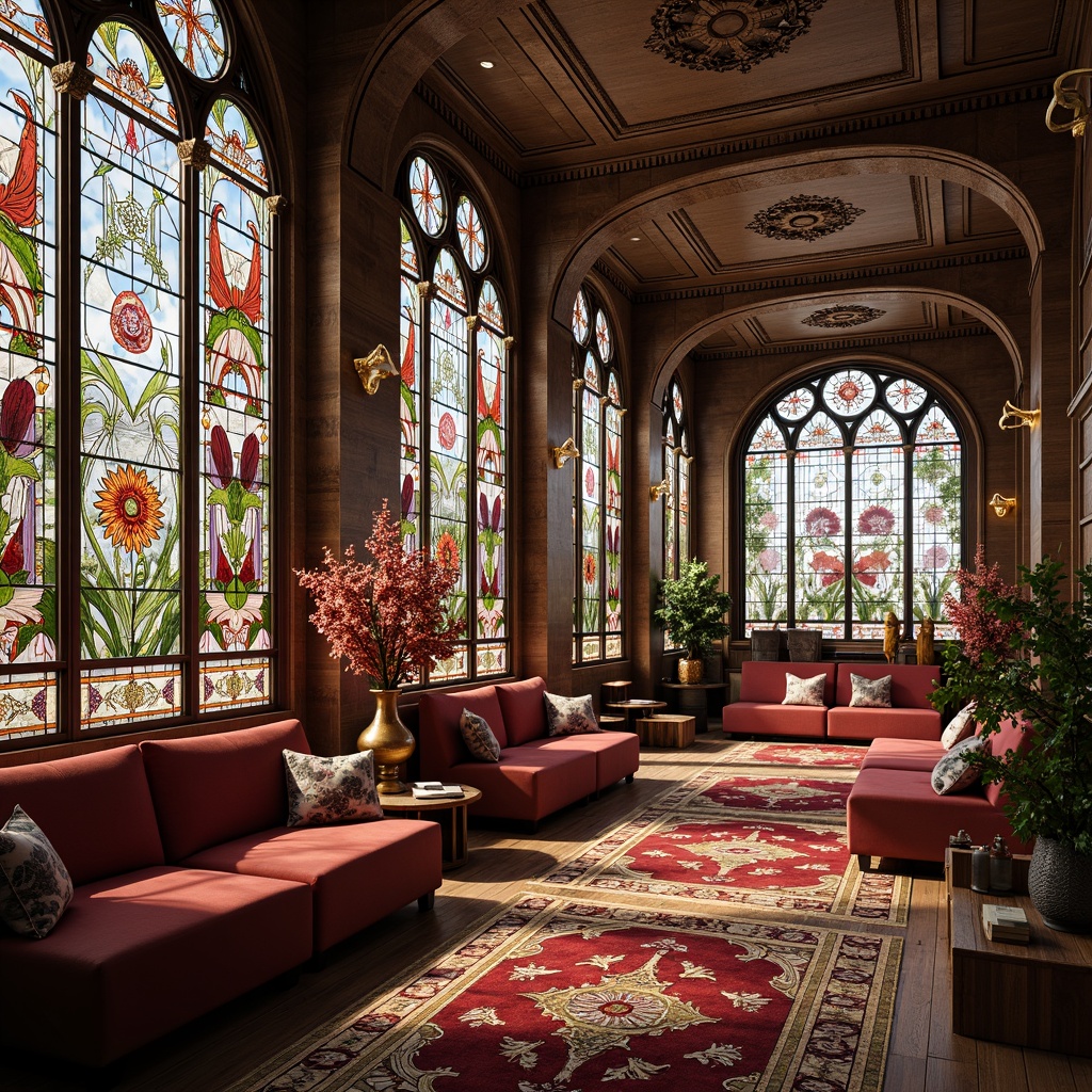 Prompt: Intricate flower patterns, flowing organic lines, ornate metalwork, grandiose architecture, opulent decorations, lavish furnishings, curved sinuous shapes, stained glass windows, vibrant jewel tones, luxurious fabrics, rich wood textures, gilded accents, soft warm lighting, shallow depth of field, 1/1 composition, realistic renderings, ambient occlusion.