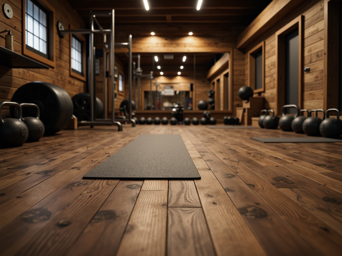 Prompt: Rustic home gym, traditional style, wooden flooring, oak planks, matte finish, dark brown color, flecked texture, natural grain pattern, rubber mat inserts, heavy-duty equipment, iron weights, kettlebells, exercise machines, mirrored walls, soft warm lighting, shallow depth of field, 3/4 composition, realistic textures, ambient occlusion.