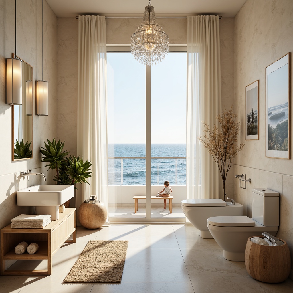 Prompt: Soft creamy powder room, calming ocean views, subtle sea salt scent, gentle waves sounds, natural light pouring through large windows, sheer white curtains, warm beige walls, elegant crystal chandelier, ambient softbox lighting, LED strip lights under furniture, frosted glass pendant lights, polished chrome fixtures, minimal modern decor, woven sea grass rugs, driftwood accents, ocean-inspired artwork, serene atmosphere, shallow depth of field, 1/2 composition, natural textures, realistic reflections.