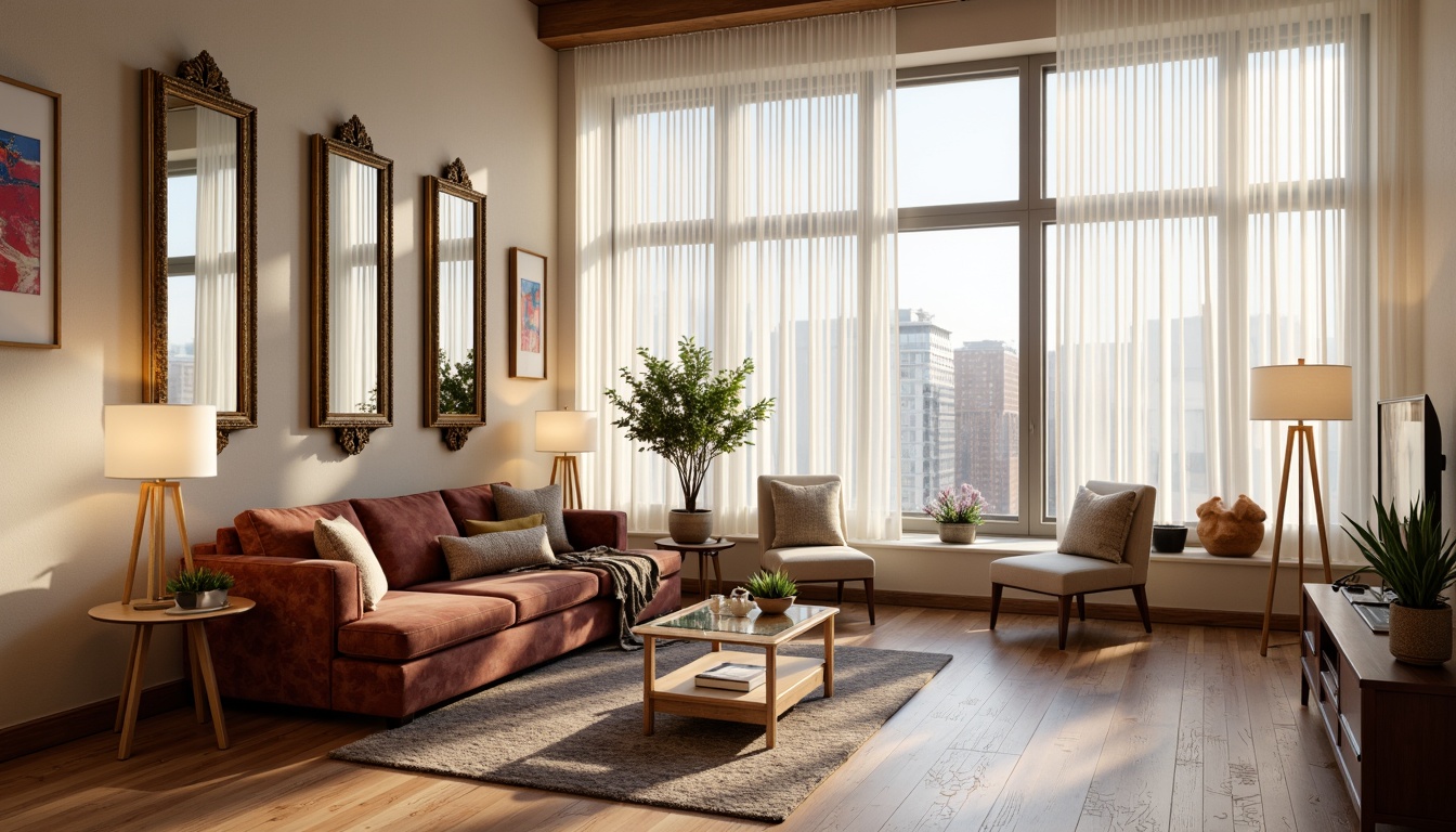 Prompt: Elegant living room, plush velvet sofa, rich wood flooring, floor-to-ceiling windows, sheer white curtains, modern minimalist decor, sleek glass coffee table, vibrant abstract artwork, ambient warm lighting, cozy reading nook, comfortable throw pillows, soft beige walls, ornate gold frame mirrors, spacious open-plan layout, 1/2 composition, shallow depth of field, realistic textures.