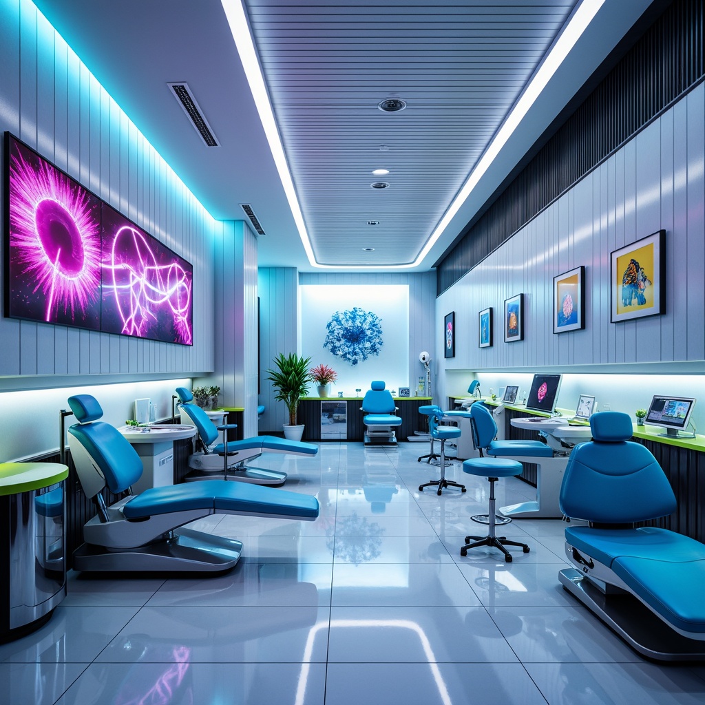 Prompt: Neon-lit dental clinic, futuristic interior design, sleek metallic surfaces, glossy white floors, LED light installations, minimalist furniture, vibrant color accents, electric blue chairs, neon green countertops, chrome-plated equipment, holographic displays, 3D-printed decorations, ambient occlusion, shallow depth of field, wide-angle lens, modern architecture, geometric patterns, abstract artwork, futuristic lighting fixtures, high-tech gadgets, sterile atmosphere, hygienic environment.