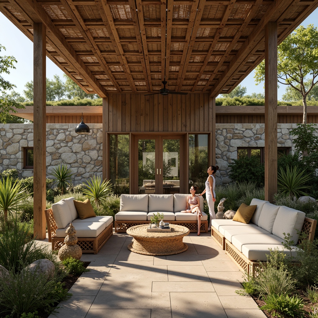 Prompt: Organic shapes, reclaimed wood accents, earthy color palette, natural stone walls, living green roofs, bamboo flooring, woven wicker furniture, rattan textures, botanical patterns, organic forms, sustainable materials, eco-friendly design, minimal ornamentation, warm soft lighting, shallow depth of field, 1/1 composition, realistic rendering, ambient occlusion.