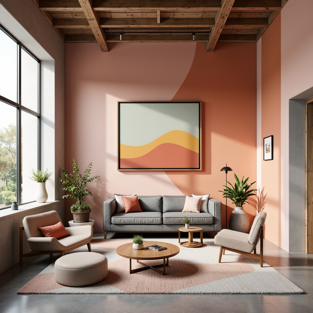 Prompt: Vibrant design studio, modern minimalist interior, bold accent walls, pastel color scheme, soft peach tones, rich charcoal grays, creamy whites, natural wood textures, sleek metal accents, geometric patterns, subtle gradient effects, ambient warm lighting, shallow depth of field, 1/1 composition, realistic renderings.