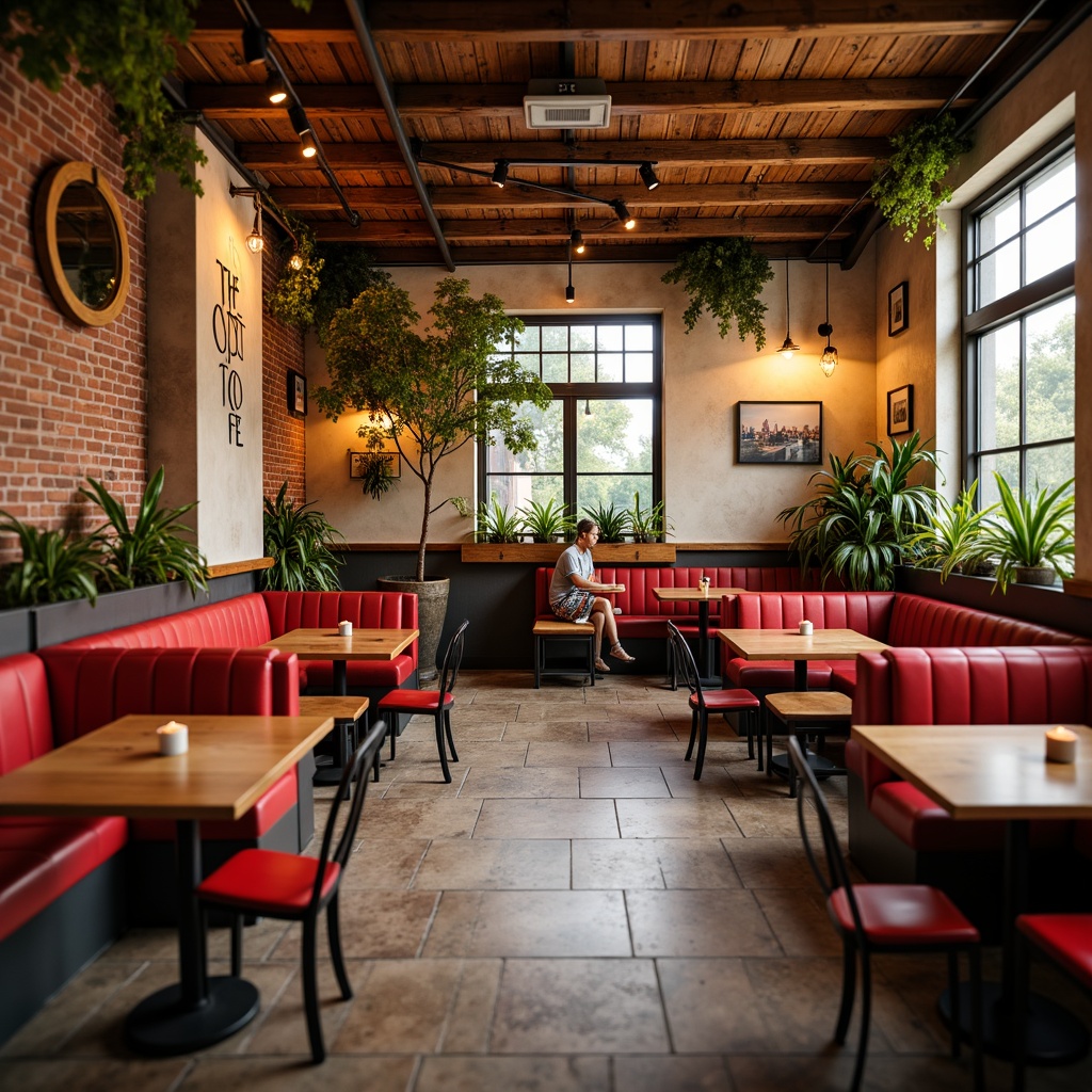 Prompt: Vibrant eatery atmosphere, bold red accents, rich wood tones, creamy whites, metallic sheens, industrial chic lighting, exposed brick walls, reclaimed wooden tables, vintage metal chairs, eclectic decor pieces, lush greenery, natural stone floors, warm golden lighting, shallow depth of field, 1/1 composition, realistic textures, ambient occlusion.