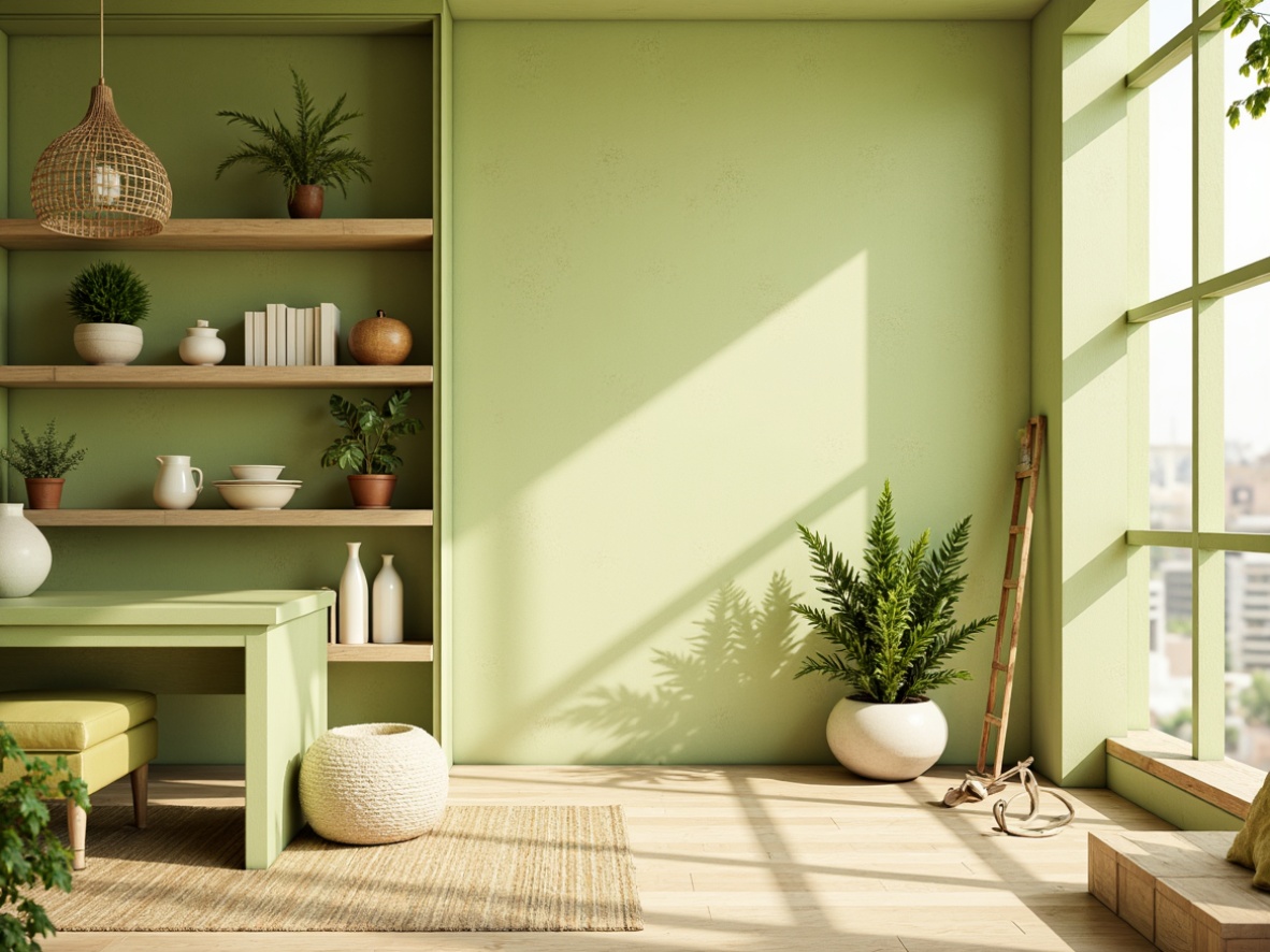 Prompt: Vibrant lime accents, soft mint undertones, pastel green hues, creamy whites, warm beige backgrounds, rich wood textures, natural fiber patterns, earthy terracotta shades, subtle golden highlights, gentle sunset lighting, shallow depth of field, 2/3 composition, realistic renderings, ambient occlusion.