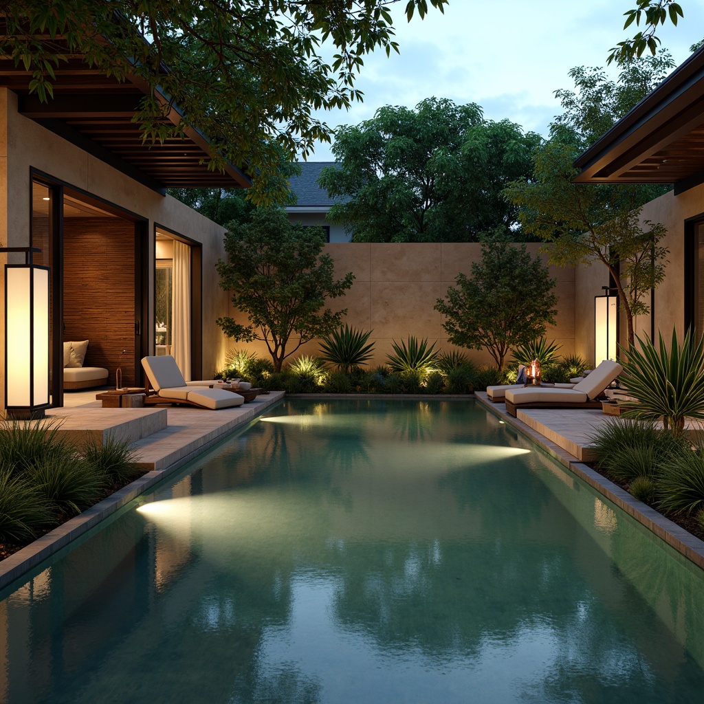 Prompt: Serene Asian-inspired pool area, lush greenery, natural stone walls, wooden accents, tranquil water features, soft warm lighting, lantern-style lamps, subtle color palette, gentle misting system, shallow depth of field, 1/2 composition, intimate ambiance, warm beige tones, smooth stone flooring, tropical plants, palm trees, subtle fragrance, peaceful atmosphere.