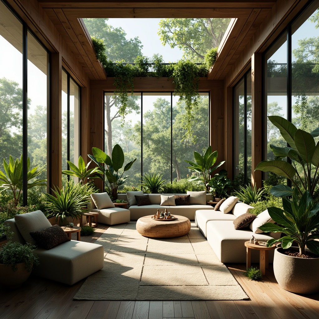 Prompt: Calming interior space, lush greenery, various potted plants, natural wood accents, earthy tone color palette, soft warm lighting, comfortable seating areas, peaceful ambiance, air-purifying foliage, organic shapes, wabi-sabi aesthetics, serene atmosphere, gentle water features, minimal ornamentation, neutral textiles, soothing color scheme, relaxing scents, calming sounds, nature-inspired artwork, floor-to-ceiling windows, abundant natural light, harmonious spatial layout.