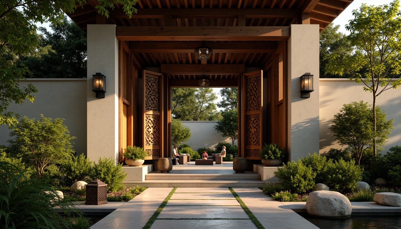 Prompt: Traditional Asian-style entrance, intricately carved wooden doors, ornate metal hardware, rustic stone walls, lush greenery, bamboo accents, serene water features, natural stone pathways, lantern-inspired lighting, warm golden tones, soft diffused light, shallow depth of field, 1/1 composition, realistic textures, ambient occlusion.