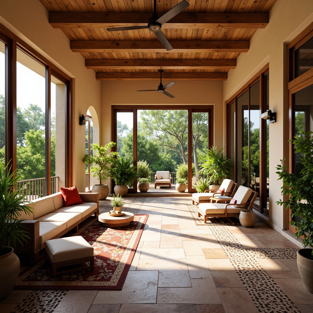 Prompt: Vibrant sunroom, natural stone flooring, geometric tile patterns, Moroccan-inspired designs, bold color schemes, sleek modern furniture, lush greenery, abundant sunlight, sliding glass doors, cozy reading nooks, plush area rugs, tropical plants, warm beige walls, elegant ceiling fans, soft warm lighting, shallow depth of field, 3/4 composition, realistic textures, ambient occlusion.