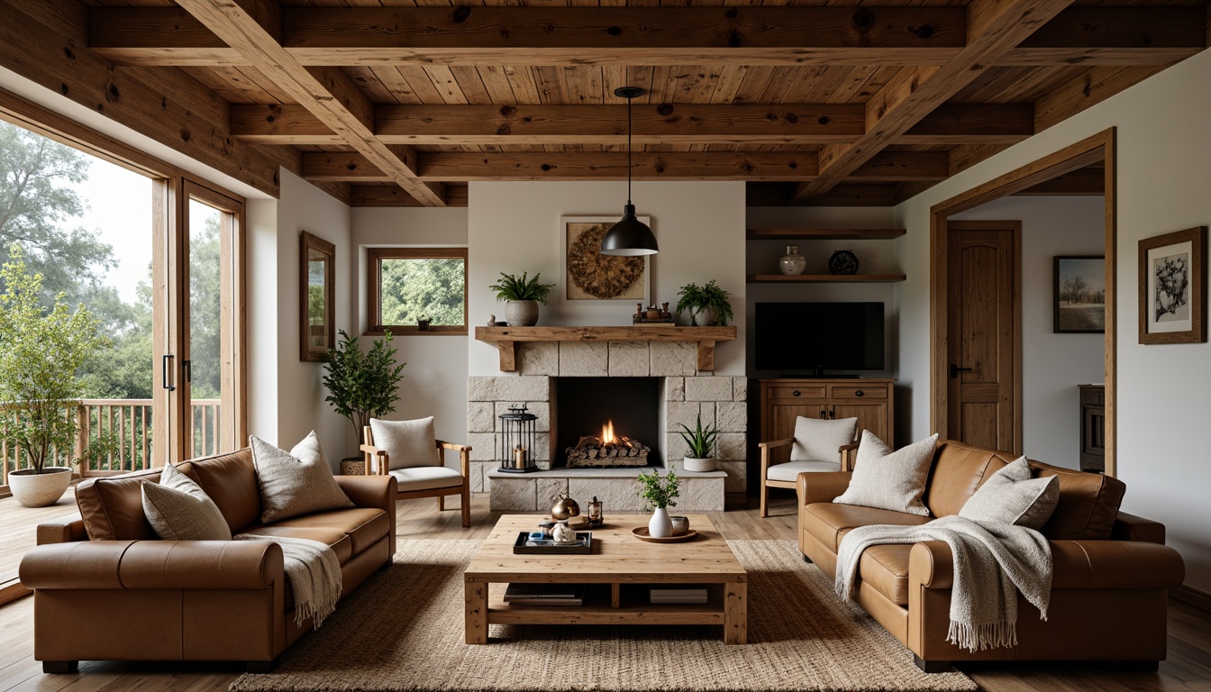 Prompt: Rustic farmhouse living room, vintage wooden beams, distressed leather sofas, plush throw blankets, reclaimed wood coffee tables, metal lantern pendant lights, natural stone fireplaces, woven jute rugs, earthy color palette, soft warm lighting, shallow depth of field, 3/4 composition, cozy intimate atmosphere, organic textures, ambient occlusion.