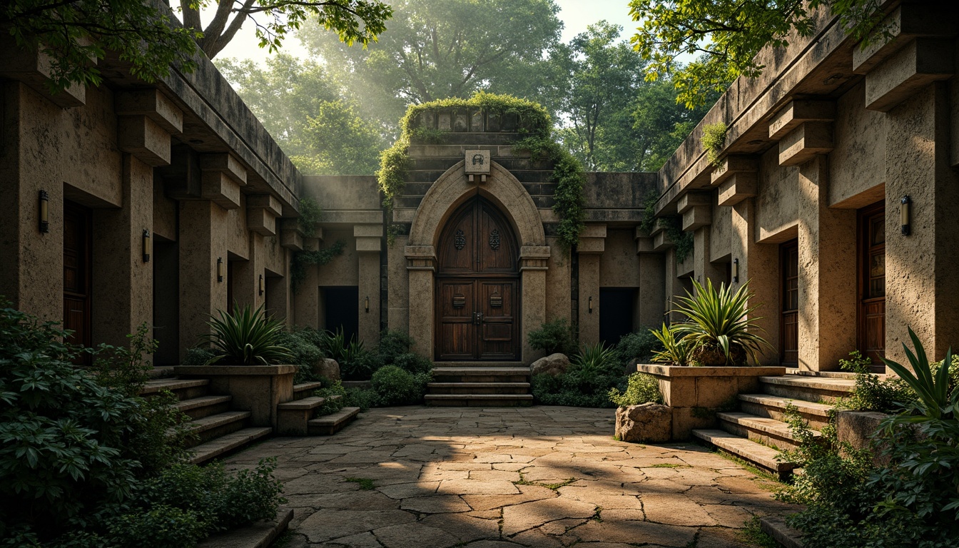 Prompt: Rustic ancient temple, worn stone walls, moss-covered surfaces, intricate carvings, mysterious ambiance, soft warm lighting, subtle shadows, atmospheric mist, dense jungle surroundings, twisted vines, exotic foliage, natural rock formations, earthy tones, weathered wooden doors, ornate metal details, distressed textures, cinematic composition, shallow depth of field, realistic rendering.