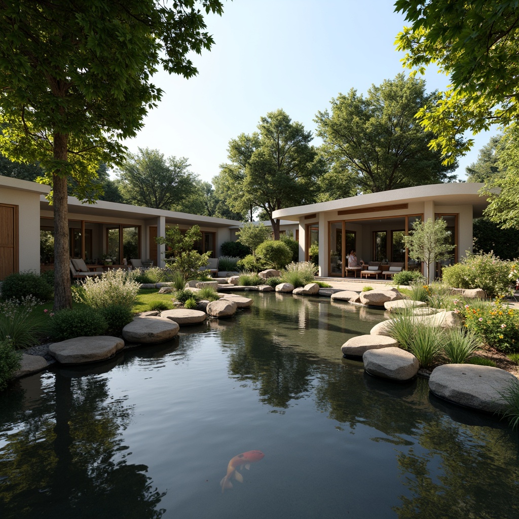 Prompt: Serenely landscaped backyard, tranquil koi pond, gentle waterfalls, natural stone walls, lush greenery, vibrant flowers, Asian-inspired architecture, curved lines, minimalist design, wooden accents, bamboo details, subtle lighting, warm ambiance, shallow depth of field, 3/4 composition, panoramic view, realistic textures, ambient occlusion.