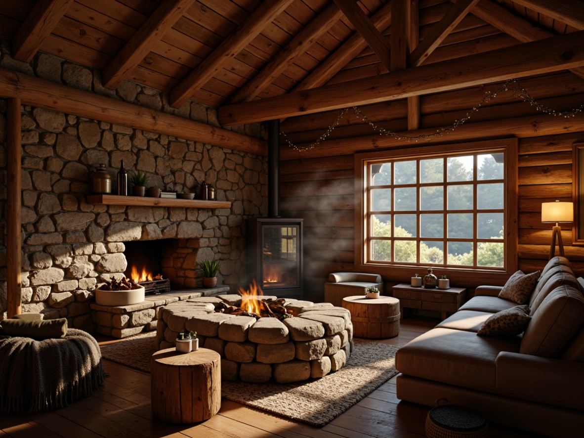 Prompt: Rustic cabin, wooden accents, earthy tones, warm candlelight, soft lanterns, dimmable string lights, cozy fire pit, natural stone walls, reclaimed wood furniture, vintage metalware, woven textiles, plush throw blankets, misty morning light, golden hour glow, shallow depth of field, 1/1 composition, intimate atmosphere, subtle shadows, realistic wood grain textures.