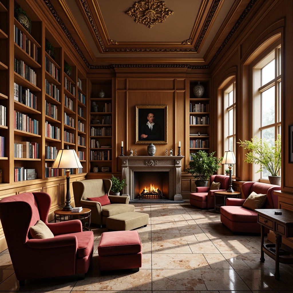 Prompt: Cozy reading nooks, plush velvet armchairs, rich wood paneling, ornate golden frames, classic literature shelves, leather-bound books, warm soft lighting, comfortable cushioned sofas, elegant marble floors, intricate moldings, refined wooden tables, vintage lamps, sophisticated book displays, serene atmosphere, warm beige walls, natural stone fireplaces, large windows with soft drapery, harmonious color palette, 1/2 composition, realistic textures, ambient occlusion.