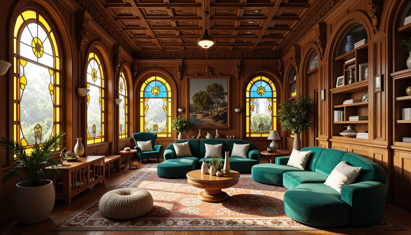 Prompt: Whimsical living room, ornate wooden furniture, sinuous curves, flowing organic shapes, vibrant turquoise accents, luxurious velvet upholstery, intricate carvings, polished bronze fixtures, stained glass windows, warm golden lighting, shallow depth of field, 1/1 composition, soft focus, realistic textures, ambient occlusion.