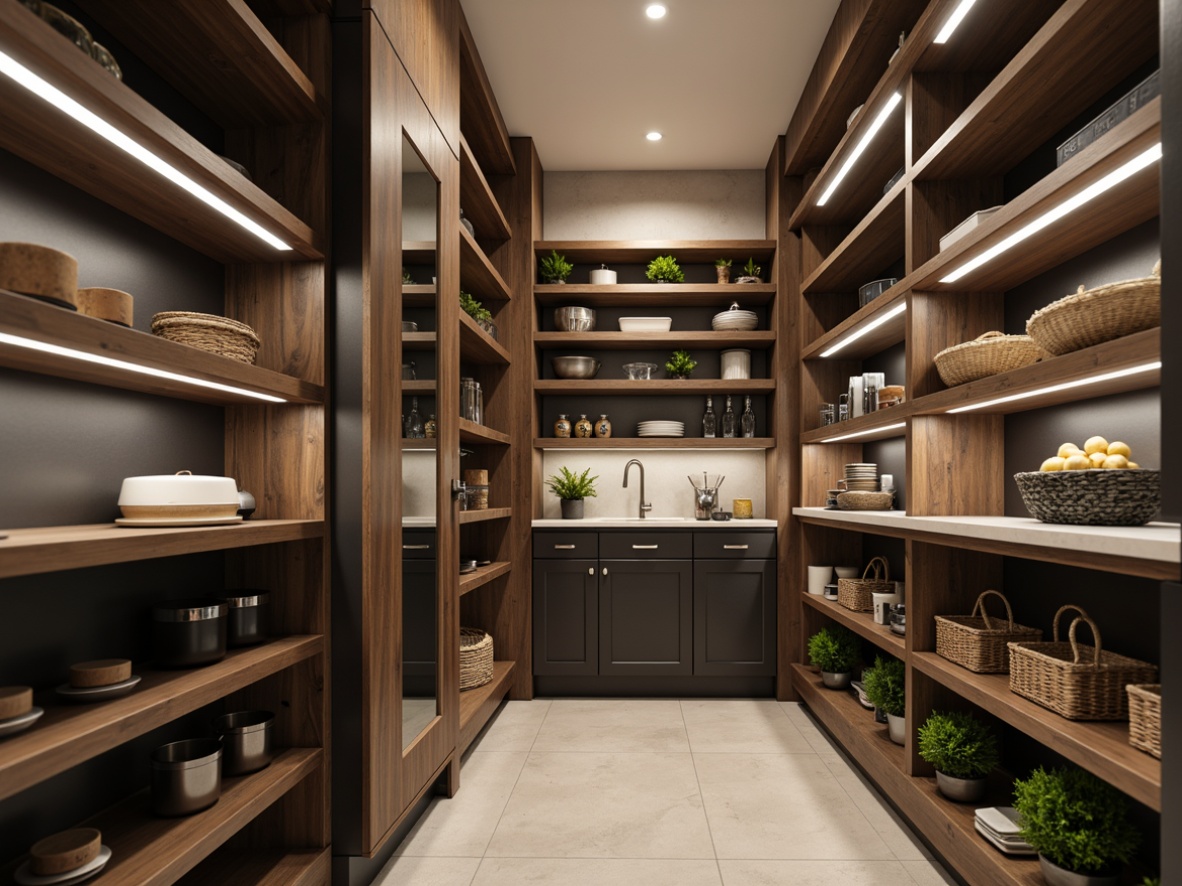 Prompt: Modern pantry, sleek shelving units, industrial metal frames, reclaimed wood accents, glass door cabinets, minimalist chrome handles, adjustable shelf heights, soft warm lighting, shallow depth of field, 3/4 composition, realistic textures, ambient occlusion, elegant pantry organization systems, decorative baskets, open storage concepts, neutral color palette, matte finishes, sophisticated kitchen decor.